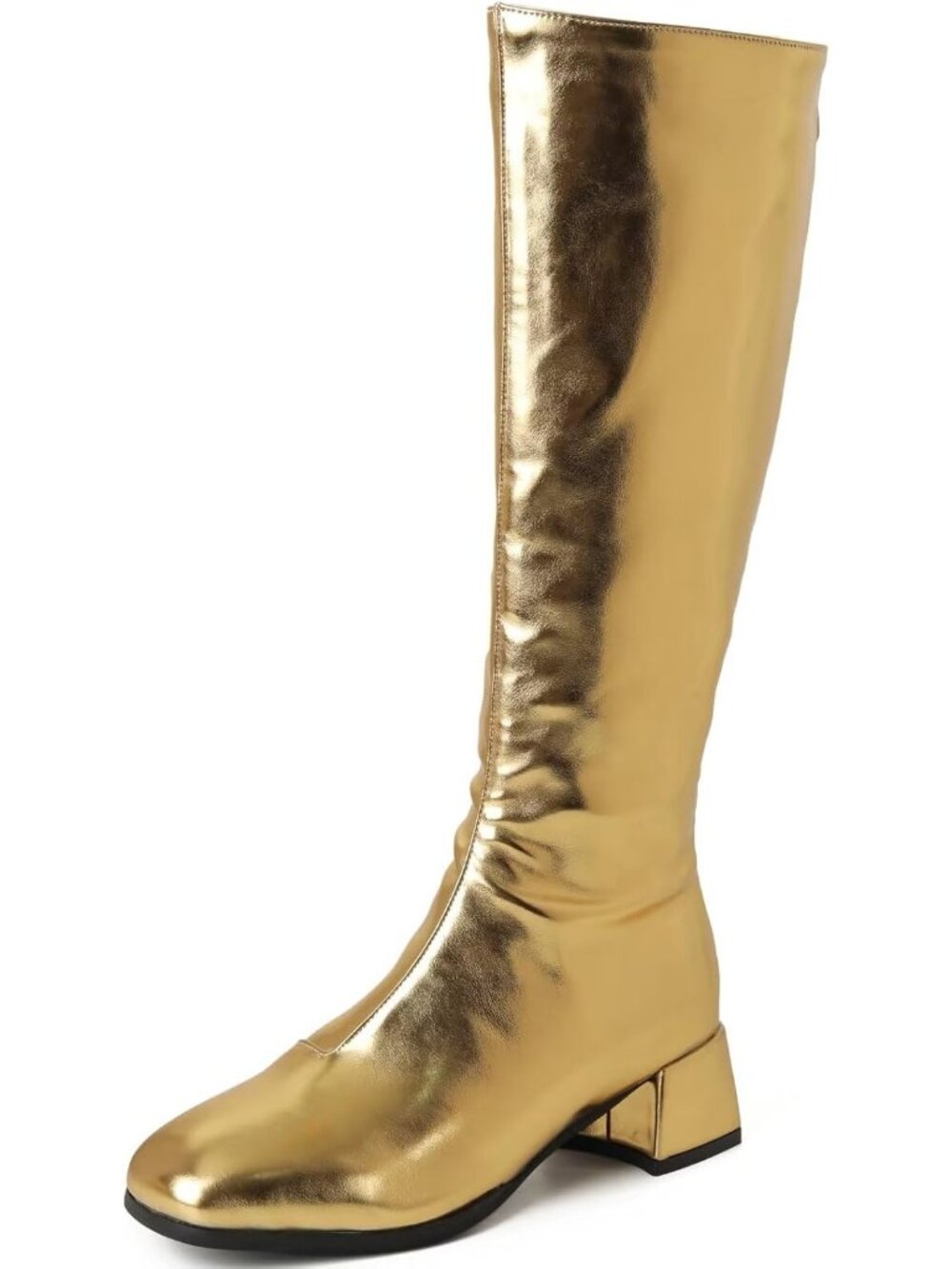 Women's Gold Chunky Low Heel Square Toe Full Back Zipper Knee High Boots